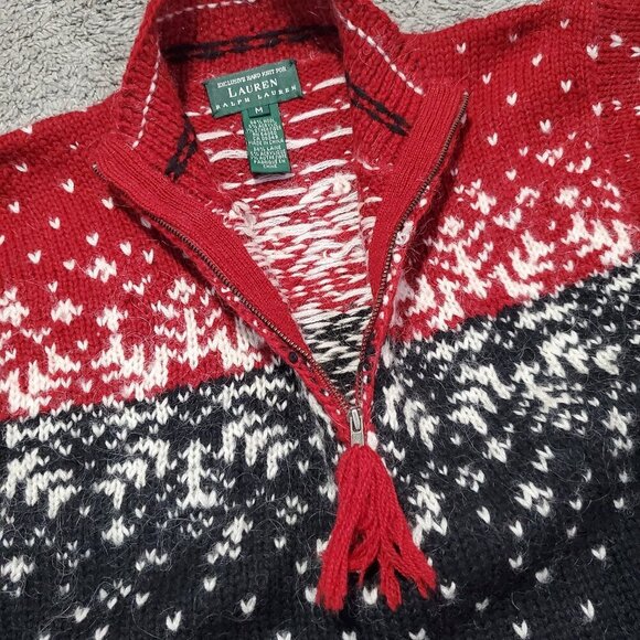 Vintage Lauren Ralph Lauren Hand Knit Wool Red Snowflake Quarter Zip Sweater - M - Picture 4 of 8